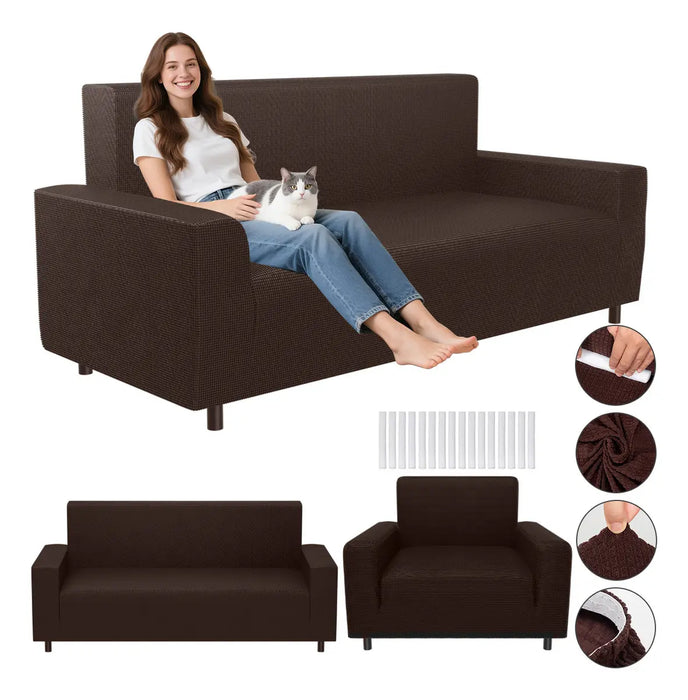 DEWENO PROTECTOR CUBRE SALA AJUSTABLE STRETCH ELÁSTICO 3PZAS, FUNDA ELÁSTICA SOFÁ PROTECTOR CUBRE SALA AJUSTABLE, FUNDAS PARA SOFAS CHOCOLATE LISA GRADO B