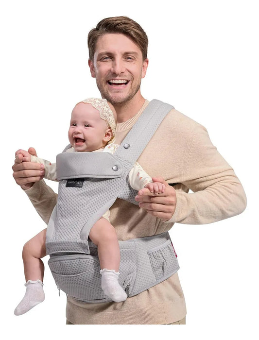 MOMCOZY PORTABEBÉS CON ASIENTO DE CADERA 2 EN 1 - PARA BEBÉS ACTIVOS - CARGA FRONTAL, AJUSTABLE Y ERGONÓMICO CANGURERA PARA BEBÉ MOCHILA, HC002, TELA TRANSPIRABLE GRIS GRADO A
