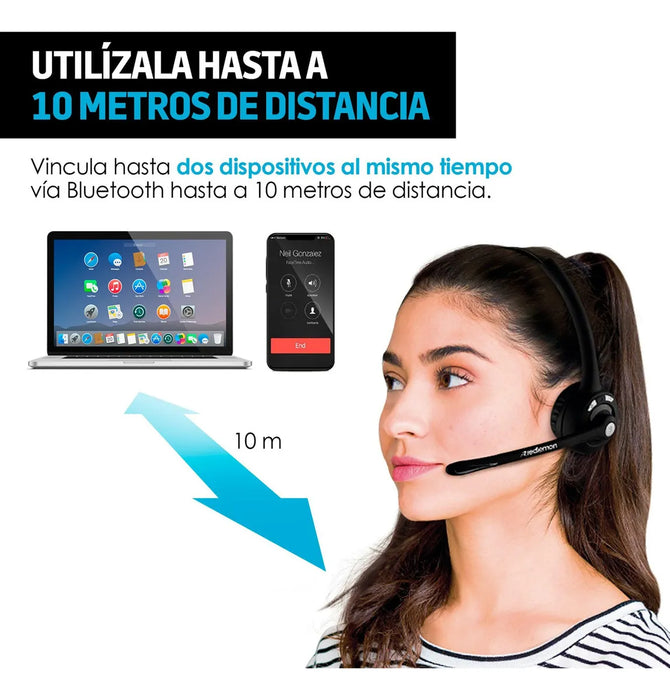 Redlemon Diadema Con Microfono Bluetooth Tipo Call Center, Bateri­a Recargable De Larga Duracion. Manos Libres Compatible Con Android, Ios, Pc Y Mac, Para Atencion A Clientes, Gaming, Videoconferencias GRADO B
