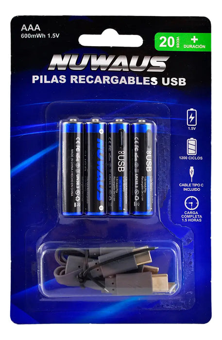 NUWAUS PILAS RECARGABLES AAA (600MWH) 1 PACK CON 4 BATERIAS GRADO B
