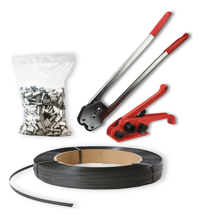KIT FLEJADORA SELLADORA FLEJE DE PLASTICO Y 1000 GRAPAS 1/2 GRADO B