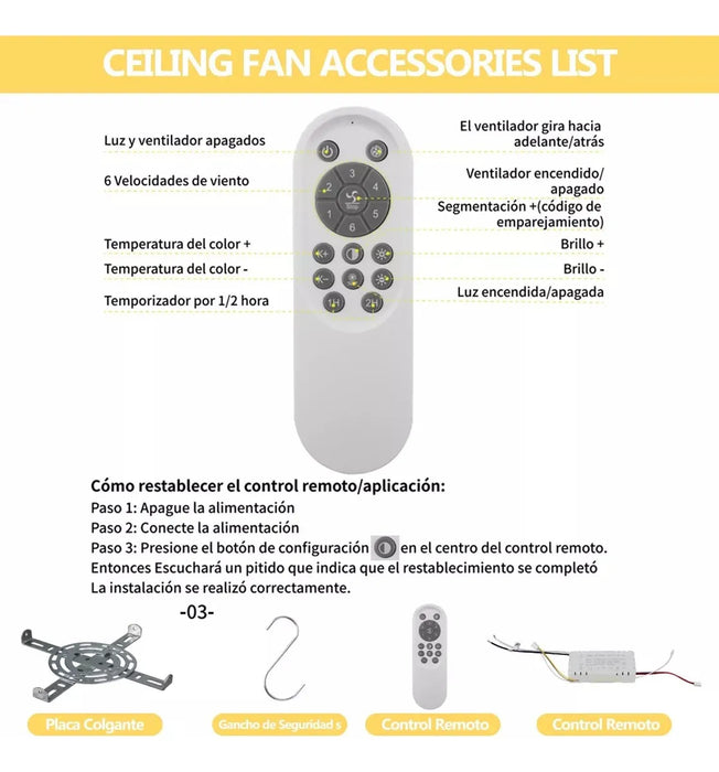 VENTILADOR DE TECHO LUCES CON CONTROL REMOTO SEXTA MARCHA GRADO A