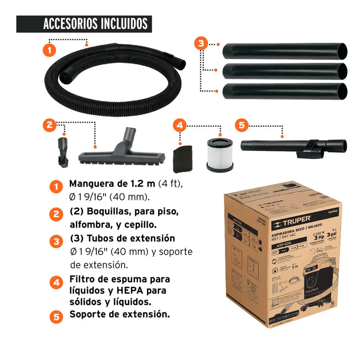 ASPIRADORA TRUPER SECO MOJADO 3 GAL 3 HP 60 HZ FILTRO HEPA GRADO B