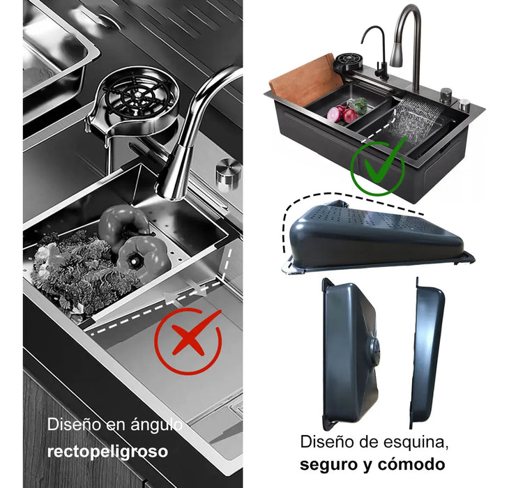 FREGADERO DE COCINA DE ACERO INOXIDABLE CON ACCESORIOS 80X45 SUPERFICIE CEPILLADA CON PRECISIÓN BOKOPTYR ESQUINAS REDONDEADAS PARA EVITAR GOLPES RESISTENTE AL ACEITE Y A LAS MANCHAS GRIS OSCURO GRADO B