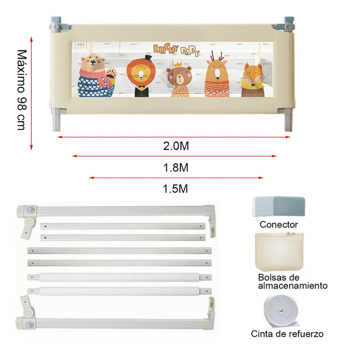 BARANDILLA DE CAMA BARRERA RIEL PROTECCION AJUSTABLE NIÑOS COLECCION ANIMAL BAIGE BLANCO 1.5 M GRADO B