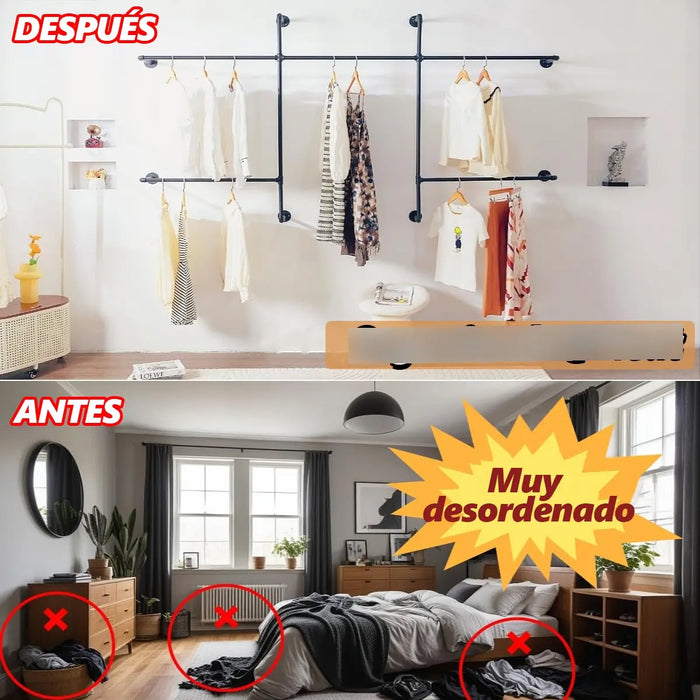 PERCHEROS DE ROPA INDUSTRIALES, PERCHEROS PARA COLGAR EN LA PARED, CON CUATRO VARILLAS PARA COLGAR, ESTANTES DE ROPA RESISTENTES, ORGANIZADOR DE CLÓSET STEAMPUNK INDUSTRIAL. GRADO B