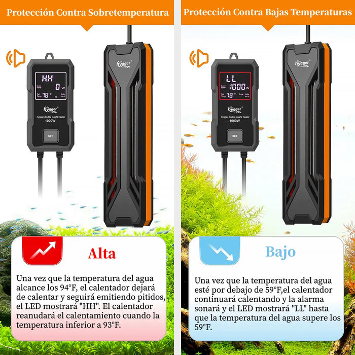 HYGGER CALENTADOR PARA PECERAS CON CONTROLADOR LED DIGITAL Y FUNCIÓN DE MEMORIA INTELIGENTE DEL SISTEMA DE CALEFACCIÓN DE PARADA AUTOMÁTICA POR SALIDA DE AGUA PARA AGUA DULCE Y SALADA 1000W GRADO B