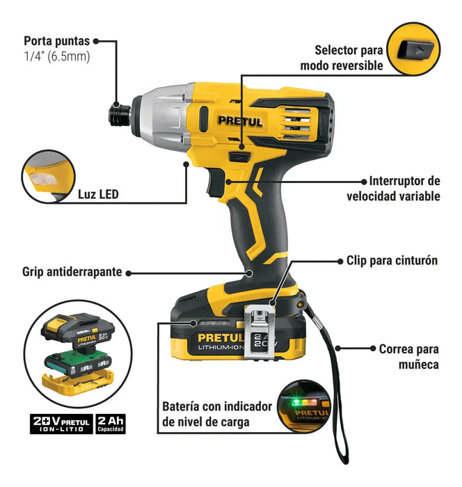 COMBO ROTOMARTILLO/DESTORNILLADOR + DESTORNILLADOR DE IMPACTO, 20V PRETUL COMBO-20P AMARILLO
