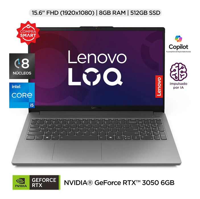 LAPTOP LENOVO LOQ CORE I5-12450HX 8GB RAM 512GB RTX 3050 6GB COLOR GRIS GRADO B