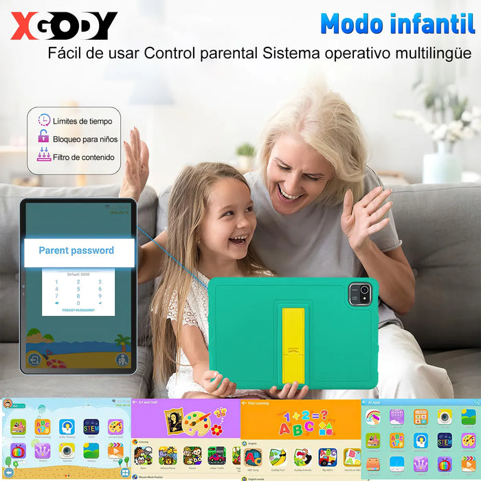 Tablet Xgody N01 Infantil Verde 10.1'' 128gb Almacenamiento Y 8gb Ram Android 11 6500mah Con Funda Protectora Anticai­da Y Certificacion Google Gms VERDE