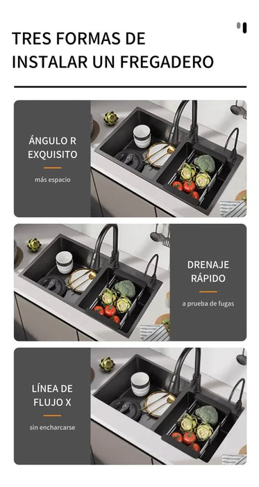 FREGADERO DE COCINA TARJA DOBLE ACERO 304 INOXIDABLE 78*43CM NEGRO GRADO B