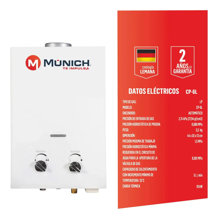 CALENTADOR DE AGUA ELECTRICO 6 LITROS GAS LP MUNICH CP-6L CO GRADO B