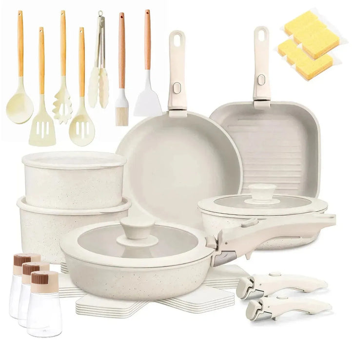 Batería de Cocina Antiadherente | 44 Piezas | Set con Mango Desmontable | Compatible con Estufa | Grado B ✨