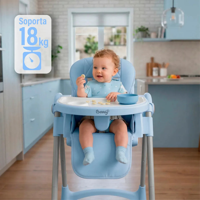 BEBBLY SILLA ALTA PARA BEBÉ PERIQUERA AJUSTABLE DE 6 MESES A 3 AÑOS, SEGURA, RECLINABLE, CON ARNÉS, BANDEJA DESMONTABLE, ERGONÓMICA, CON RUEDAS, FÁCIL DE LIMPIAR, GUARDAR SIN OCUPAR ESPACIO AZUL CLARO GRADO B
