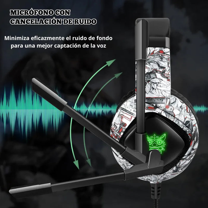 Audifonos Gamer Onikuma K19 Camuflaje Gris Con Luz Rgb Led GRADO B