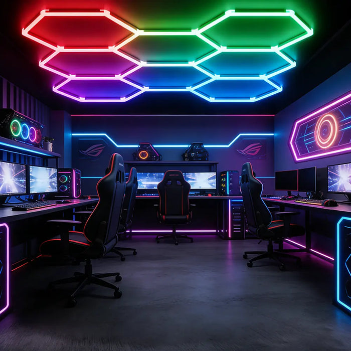 LAMPARAS LED DE TECHO RGB 8 LUCES LED HEXAGONALES DE PANAL DE ABEJA 221X230CM,LUCES HEXAGONALES DE PANAL DE ABEJA DE SUPERBRILLANTE, TECHO DE LED DE TIENDA PARA ALMACÉN, TALLER COLORIDO BLANCO GRADO B