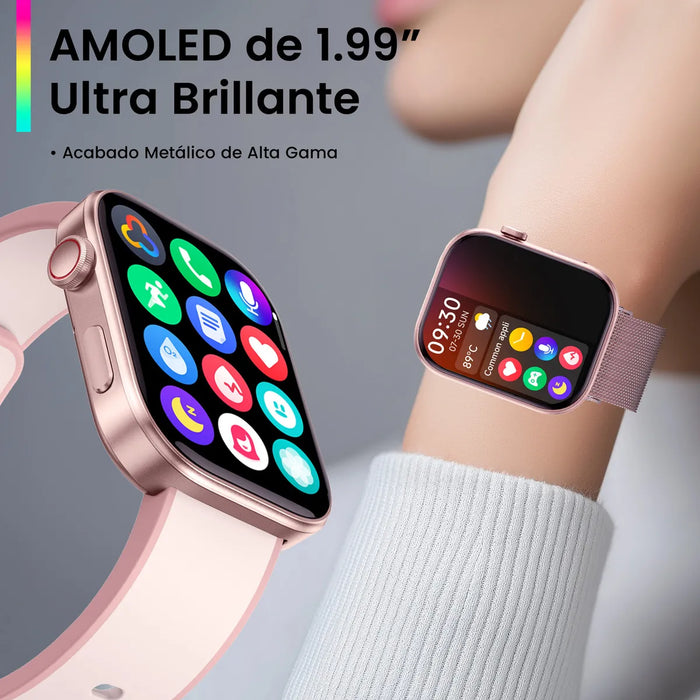 SMARTWATCH RELOJ INTELIGENTE MUJER ROSA MIRACORUN AMOLED 1.99 CON LLAMADAS BLUETOOTH + NOTIFICACIONES, 100 MODOS DEPORTIVOS, MONITOR DE SALUD Y SUEÑO, RESISTENTE AL AGUA 3ATM, ANDROID IPHONE 2 GRADO B