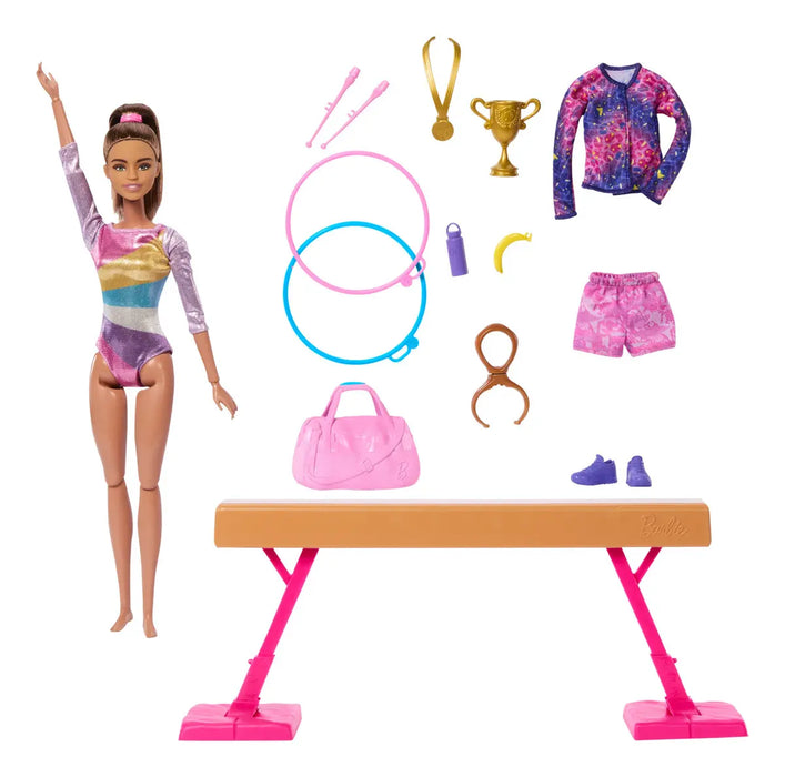 BARBIE PROFESIONES SET DE JUEGO GIMNASTA CABELLO CASTAÑO GRADO A