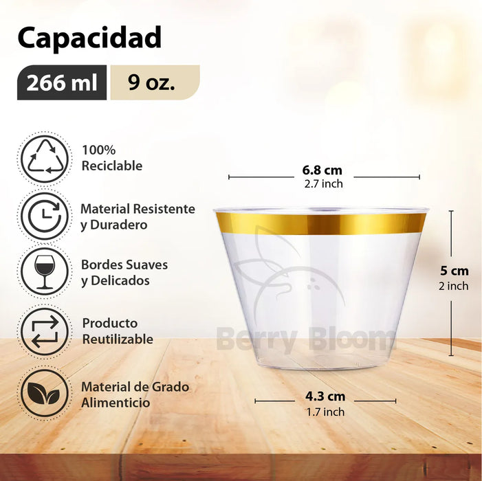 Berry Bloom 1000 Vasos Desechables Con Borde Dorado Elegantes De PlÃ¡stico 9 Oz Para Fiesta Bodas, Postre, CÃ³cteles, Vino GRADO B