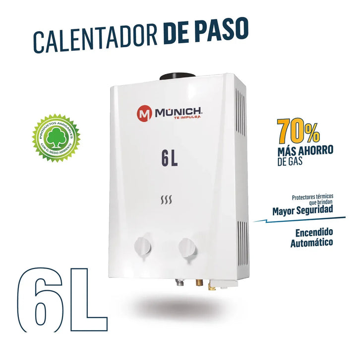 CALENTADOR DE AGUA ELECTRICO 6 LITROS GAS LP MUNICH CP-6L CO GRADO B