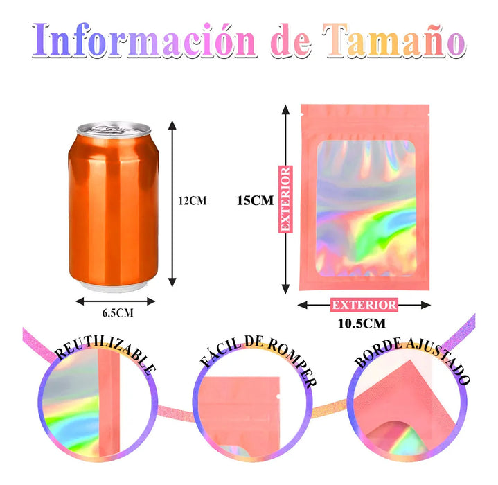 200 Bolsas Holográficas Rosas Plástico Resellables 10.5x15cm Color Rosa Grado A