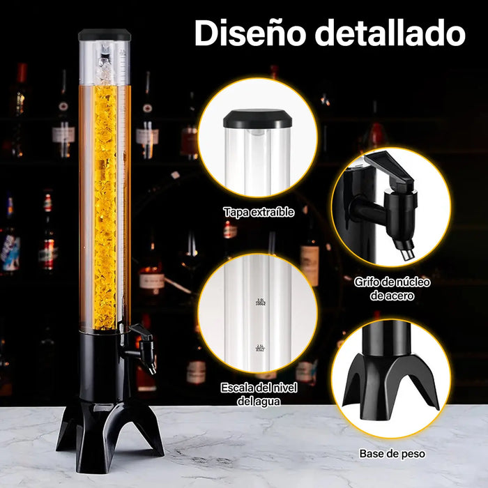 2PZS 3LTS DISPENSADOR DE TORRE BEBIDAS CERVEZA CON LED LUZ RECIPIENTE TRANSPARENTE CON GRADUACIONES CLARAS COLOR NEGRO GRADO B