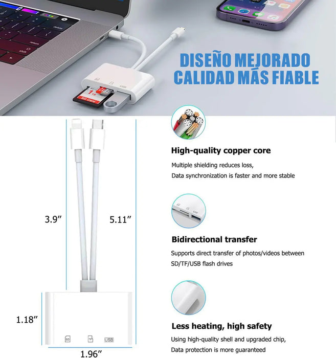 ADAPTADOR SD LECTOR DE TARJETAS SD LECTOR DE TARJETAS DE MEMORIA 5 EN 1, ADAPTADOR OTG USB LECTOR DE TARJETAS SD PARA CELULAR PARA IPHONE/IPAD/XIAOMI COMPUTADORA BLANCO JEEYEE  |   GRADO B