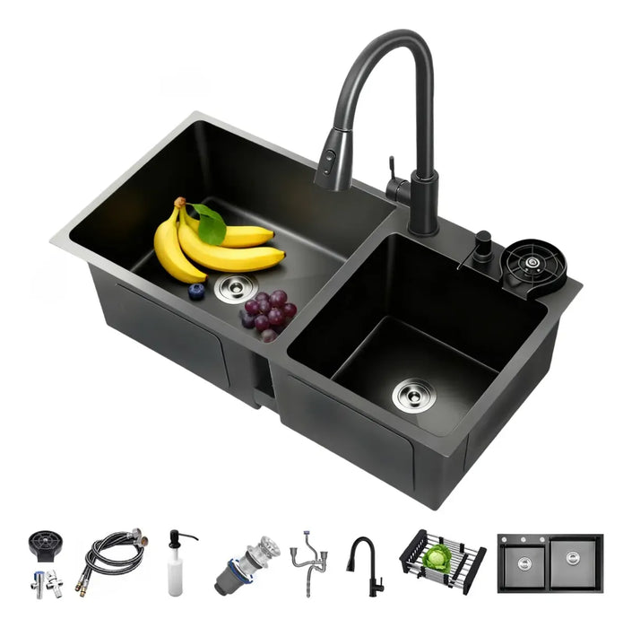 FREGADERO DE COCINA TARJA DOBLE ACERO 304 INOXIDABLE 78*43CM NEGRO GRADO B