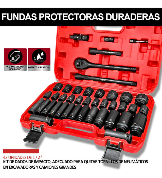 GEEKR JUEGO MECÁNICO 42PZ 1/2  8-32MM DADOS ALTO IMPACTO AUTOCLE INDUSTRIAL MATRACA PESADO ROJO GRADO B