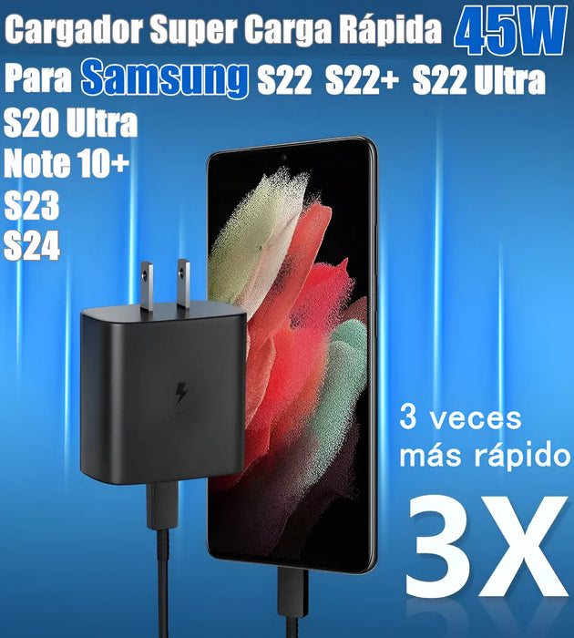 CARGADOR CARGA RÁPIDA PD 45W PARA S21 S22 S23 FE ULTRA NEGRO GRADO A
