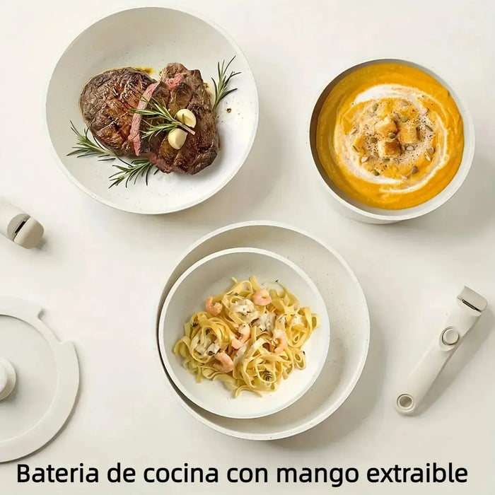 Batería de Cocina Antiadherente | 44 Piezas | Set con Mango Desmontable | Compatible con Estufa | Grado B ✨
