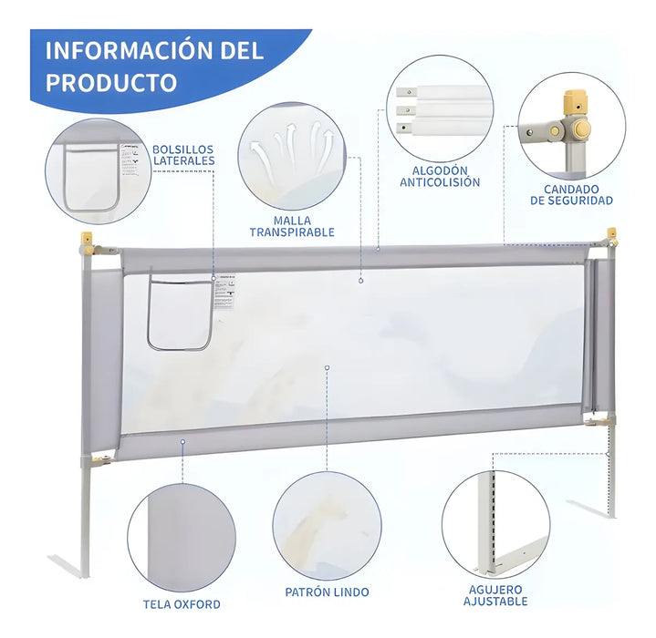 BARANDILLA 2M PROTECTOR DE CAMA INFANTIL BARRA DE SEGURIDAD GRADO B