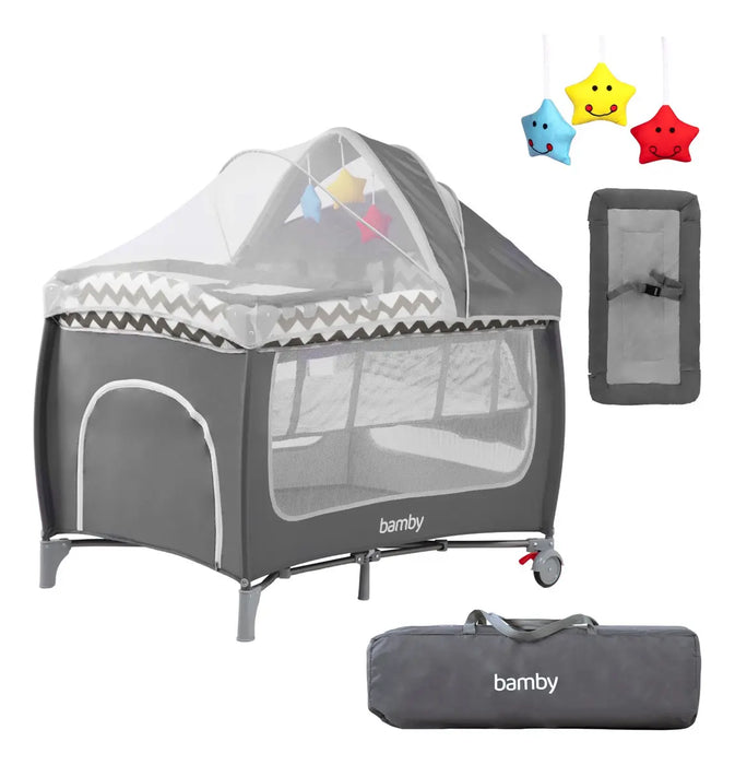 CUNA CORRAL PLEGABLE BAMBY PARA BEBÉ CON MOSQUITERO Y CAMBIADOR ROSA / GRIS OSCURO LISO GRADO B