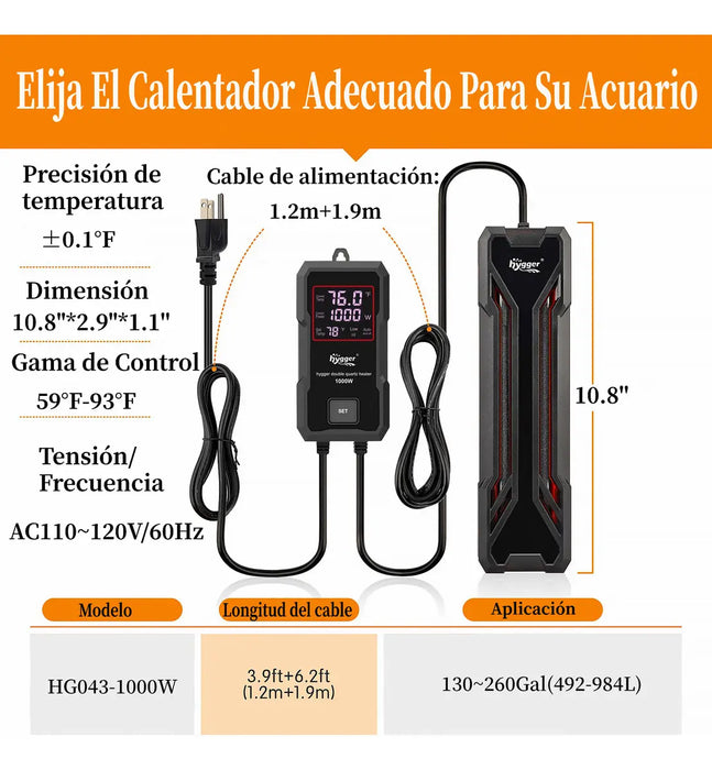 HYGGER CALENTADOR PARA PECERAS CON CONTROLADOR LED DIGITAL Y FUNCIÓN DE MEMORIA INTELIGENTE DEL SISTEMA DE CALEFACCIÓN DE PARADA AUTOMÁTICA POR SALIDA DE AGUA PARA AGUA DULCE Y SALADA 1000W GRADO B
