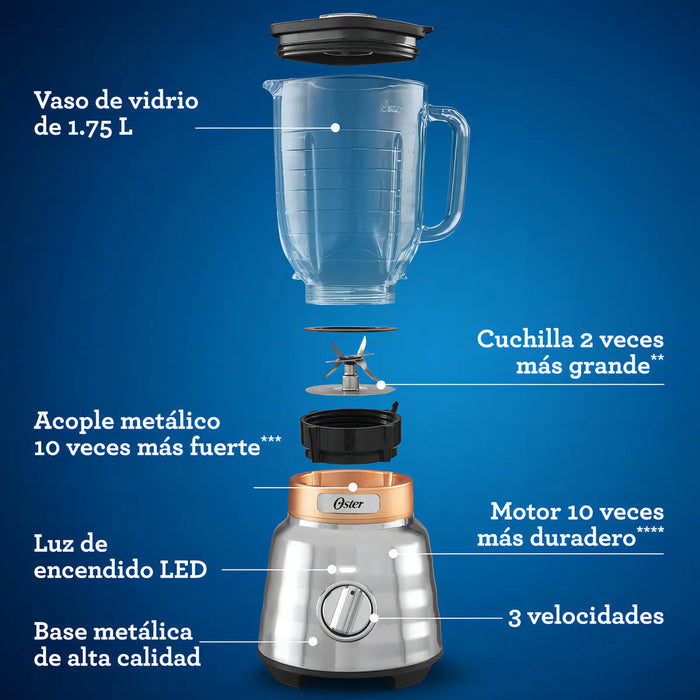 Licuadora Oster Blstpbrg Con Vaso De Vidrio Y Perilla 1.75 L Color Plateado GRADO A