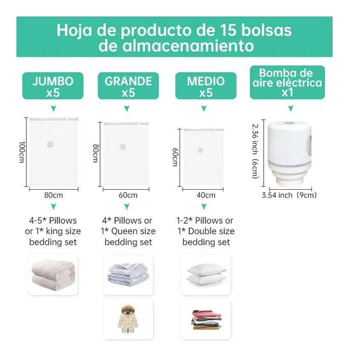 Bolsas De Almacenamiento Al Vacío Con Bomba Eléctrica 15pcs