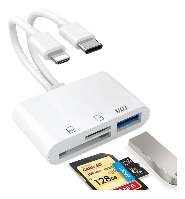 ADAPTADOR SD LECTOR DE TARJETAS SD LECTOR DE TARJETAS DE MEMORIA 5 EN 1, ADAPTADOR OTG USB LECTOR DE TARJETAS SD PARA CELULAR PARA IPHONE/IPAD/XIAOMI COMPUTADORA BLANCO JEEYEE  |   GRADO B