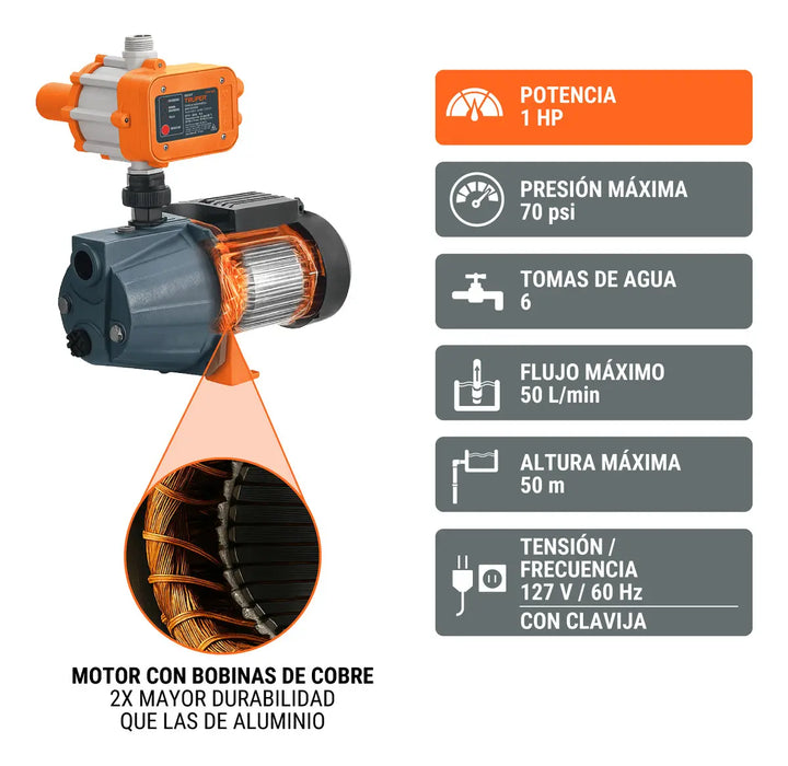 BOMBA PRESURIZADORA TIPO JET, 1 HP, CABEZAL DE HIERRO CON CONTROL TRUPER PRE-1 GRADO B