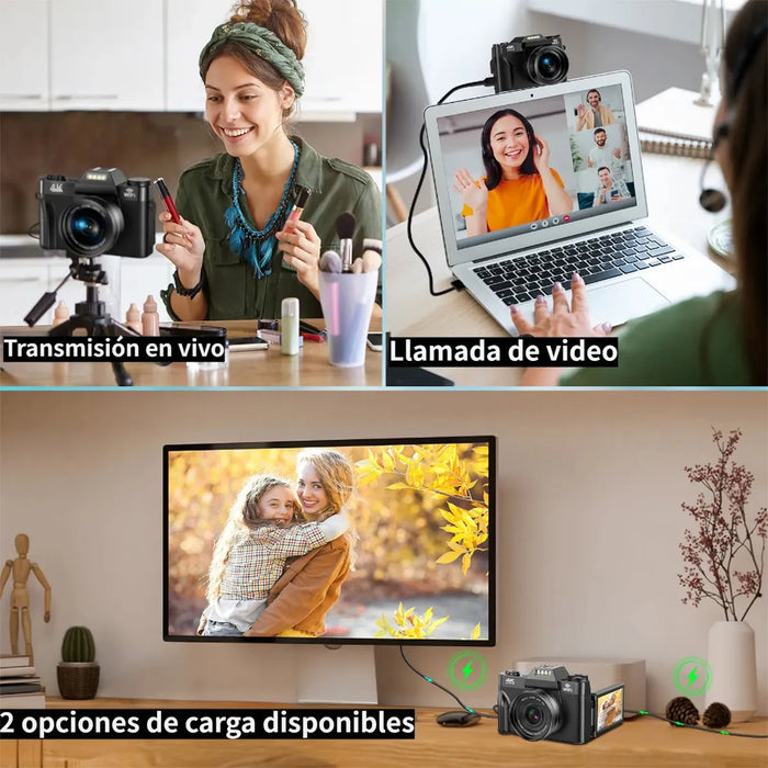 Cámara Digital Wifi Autofocus 4k Aorzoo 75MP Negro Con Pantalla Rotación 180°+tarjeta Sd 2 Pilas GRADO B