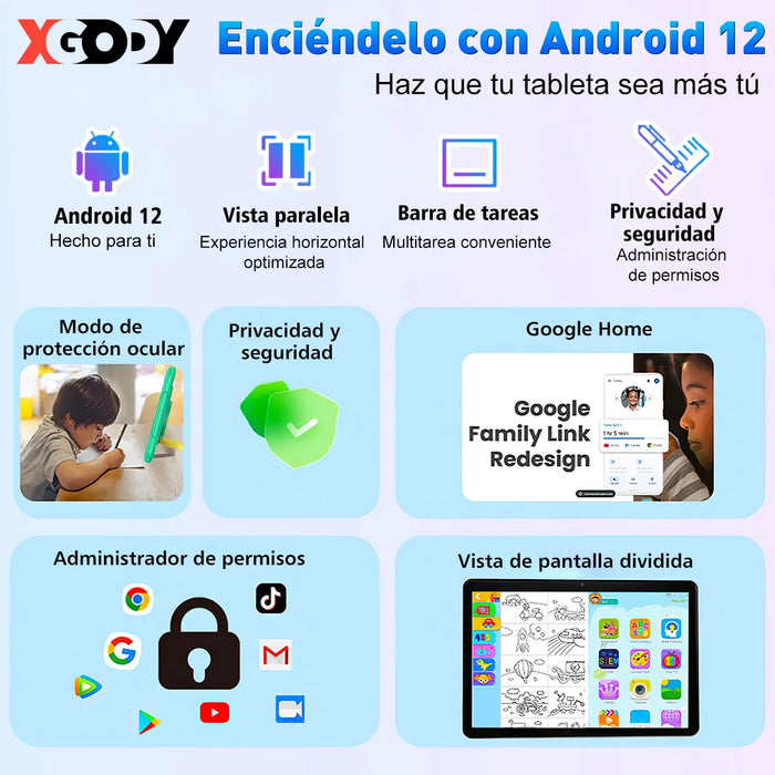 Tablet Xgody N01 Infantil Verde 10.1'' 128gb Almacenamiento Y 8gb Ram Android 11 6500mah Con Funda Protectora Anticai­da Y Certificacion Google Gms VERDE
