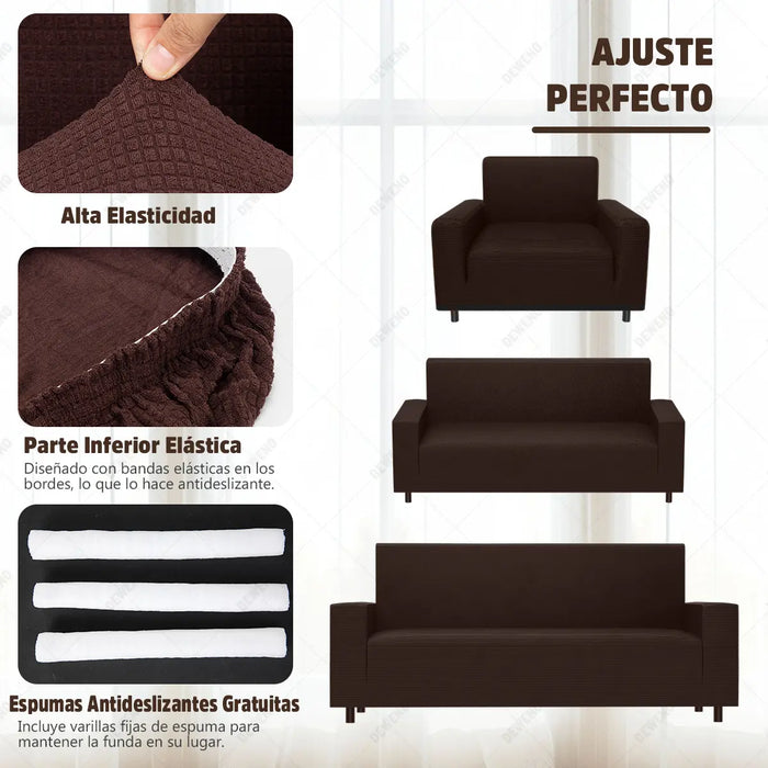 DEWENO PROTECTOR CUBRE SALA AJUSTABLE STRETCH ELÁSTICO 3PZAS, FUNDA ELÁSTICA SOFÁ PROTECTOR CUBRE SALA AJUSTABLE, FUNDAS PARA SOFAS CHOCOLATE LISA GRADO B