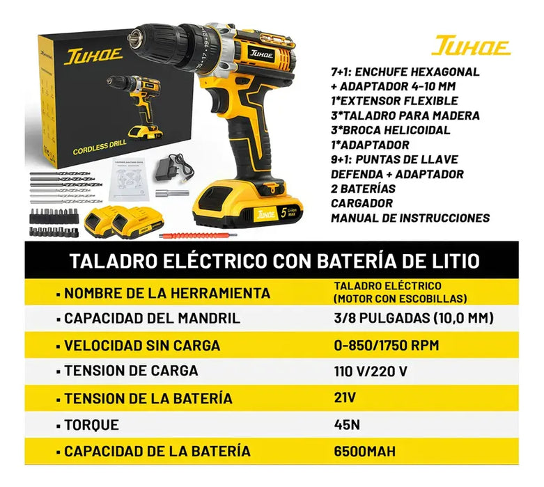 TALADRO ATORNILLADOR PERCUTOR INALÁMBRICO JUHOE M93 21V 2 BATERÍ­AS LI-ION SIN ESCOBILLAS MANDRIL 10MM AMARILLO 60HZ GRADO B