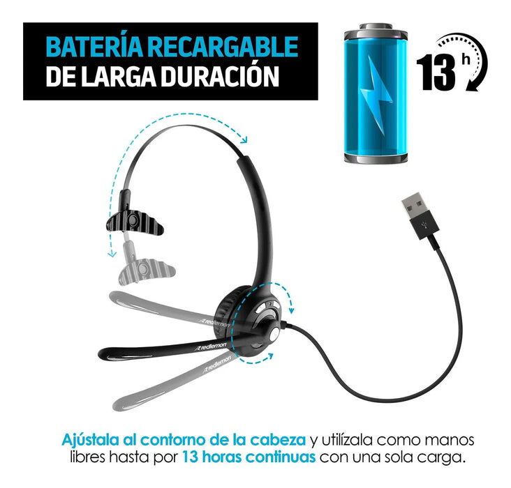 Redlemon Diadema Con Microfono Bluetooth Tipo Call Center, Bateri­a Recargable De Larga Duracion. Manos Libres Compatible Con Android, Ios, Pc Y Mac, Para Atencion A Clientes, Gaming, Videoconferencias GRADO B