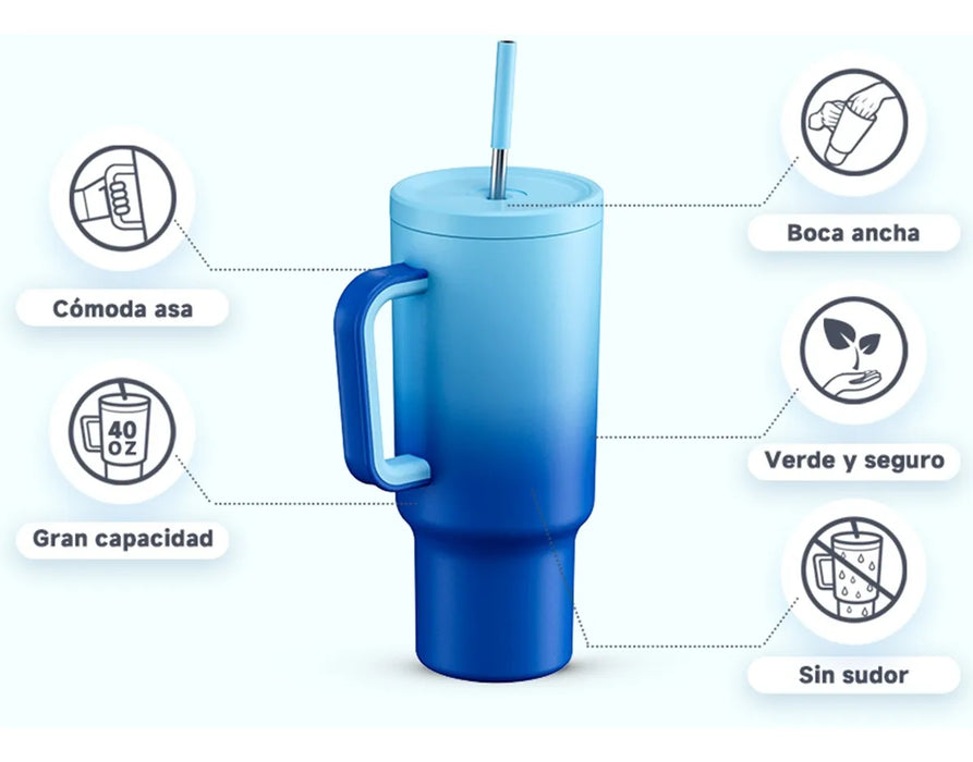 MEOKY VASO 40OZ CON ASA, TAZA DE VIAJE DE ACERO INOXIDABLE GRADO B
