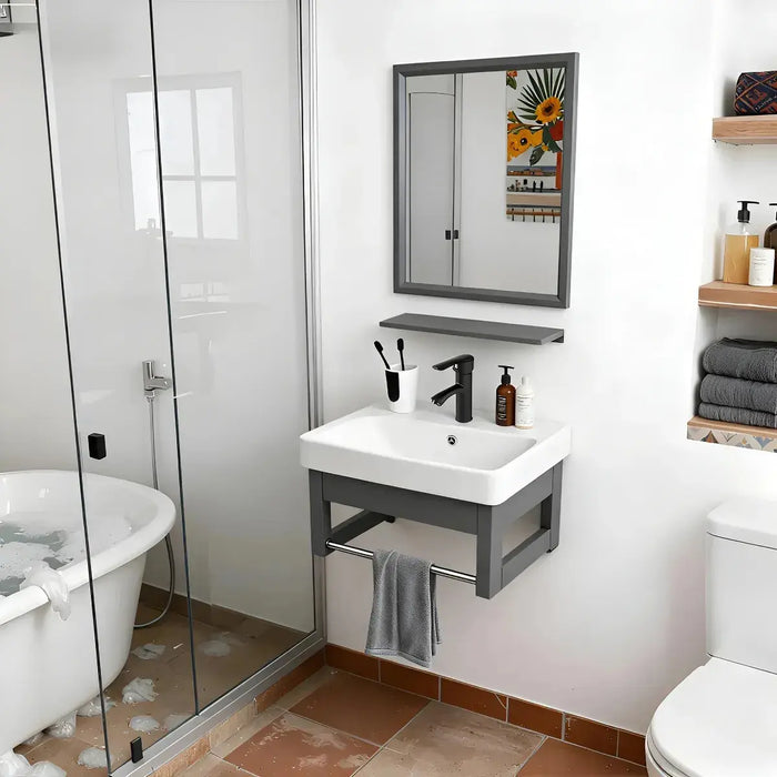 LAVABO PARA BAÍ±O CON MUEBLE 60CM X 40CMELEGANTE GRIFO DE ACERO INOXIDABLE DE COLOR NEGRO MATE, CON ESPEJO TEXTURA GRIS GRADO B