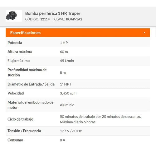 BOMBA ELECTRICA PERIFERICA DE 1 HP TRUPER BOAP-1A2 GRADO B