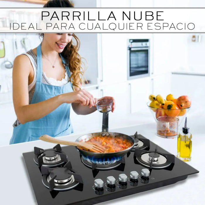 parrilla a gas premium 5 quemadores empotrable negra cristal templado color negro nube GRADO B