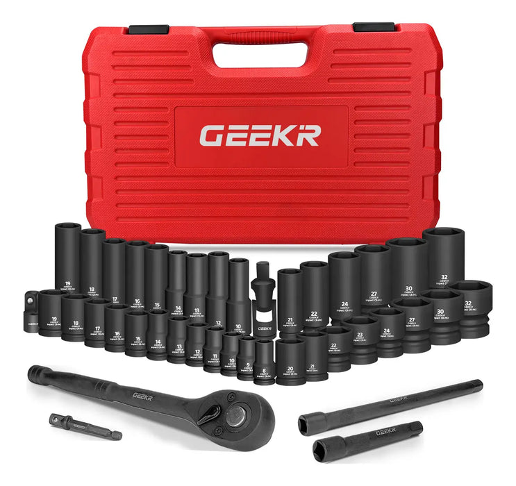 GEEKR JUEGO MECÁNICO 42PZ 1/2  8-32MM DADOS ALTO IMPACTO AUTOCLE INDUSTRIAL MATRACA PESADO ROJO GRADO B
