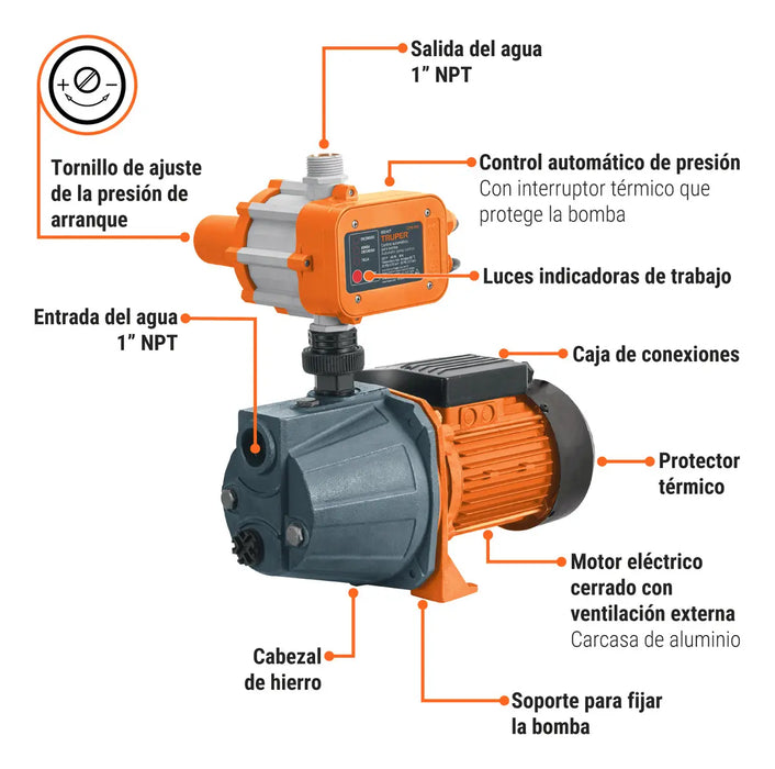 BOMBA PRESURIZADORA TIPO JET, 1 HP, CABEZAL DE HIERRO CON CONTROL TRUPER PRE-1 GRADO B