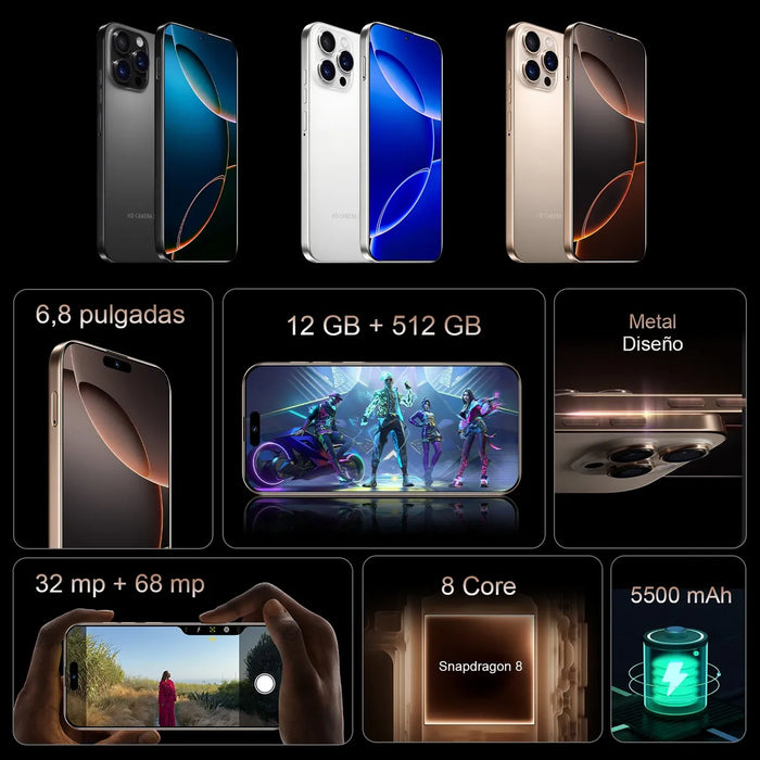 I16 PRO MAX DUAL SIM DESBLOQUEADO 12GB RAM+512GB TAPLET 2025 EL MÃ¡S POPULAR TELÃ©FONO INTELIGENTE ANDROID 14 RED 5G WIFI MÃ¡S BARATO CELULAR NEGRO GRADO B